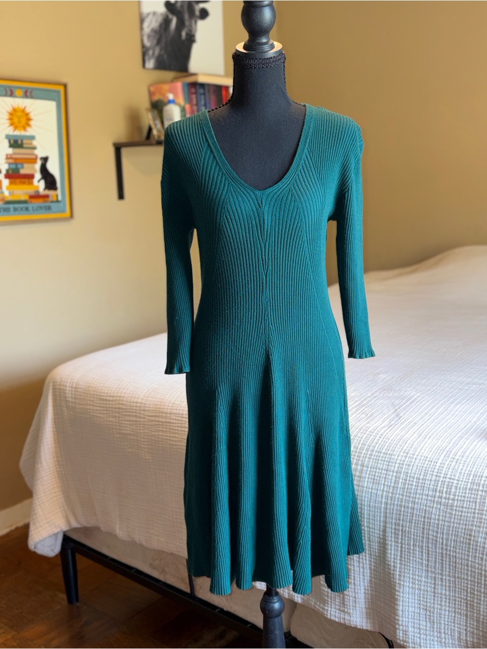 Worthington Green Ribbed V-Neck Long Sleeve Dress